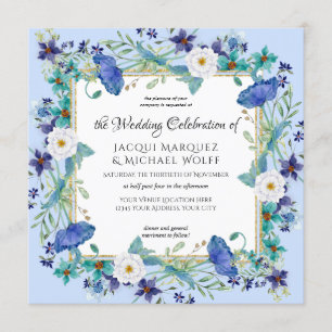 Pastel Blue Gold Watercolor Elegant Floral Wedding Invitation