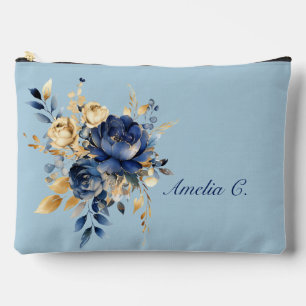 Pastel Blue & Gold Watercolor Floral Cosmetic Bag