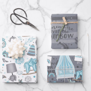 PASTEL BLUE & GRAY BABY ITEMS FLOWERS TOYS WRAPPING PAPER SHEET