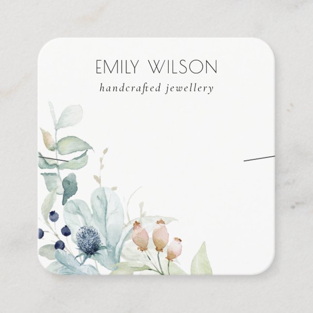 Pastel Blue Green Foliage Bunch Earring Display Square Business Card (Front)