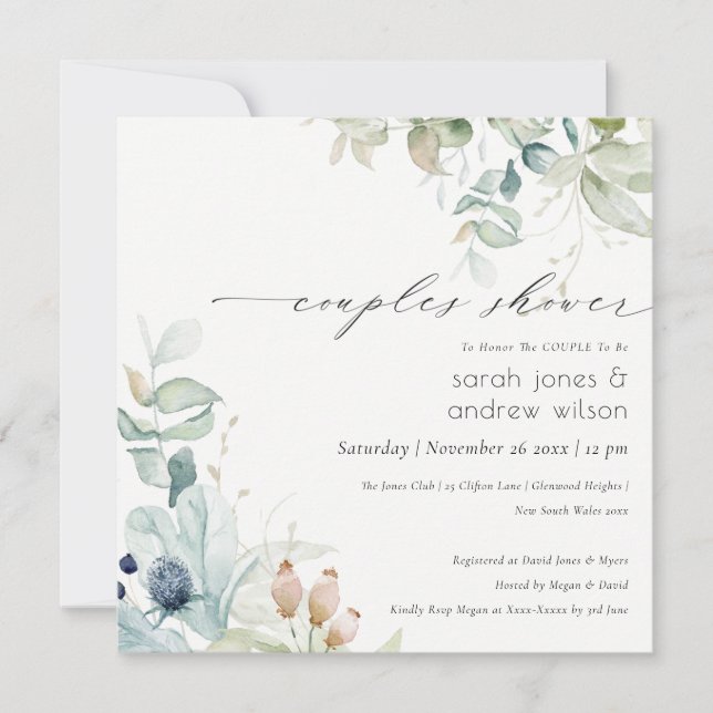 Pastel Blue Green Foliage Couples Shower Invite (Front)