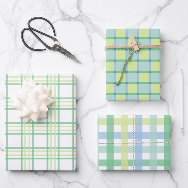 Pastel Blue Green Plaid Chequered Gingham  Wrapping Paper Sheet (Front)
