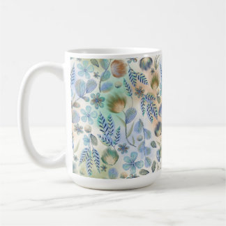 PASTEL BLUE GREEN & TAN WHIMSICAL GARDEN FLOWERS COFFEE MUG