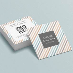 Pastel Blue Grey Gold Stripes QR CODE  Square Business Card
