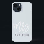 Pastel Blue-Grey New Mrs Last Name Bride iPhone 13 Case<br><div class="desc">After the wedding,  show off your new last name with this sleek and stylish case -- perfect for the honeymoon! Personalised bride design features "Mrs. [lastname]" in modern white and grey typography on a subtle pastel blue grey background. Use the field provided to personalise with your new last name.</div>