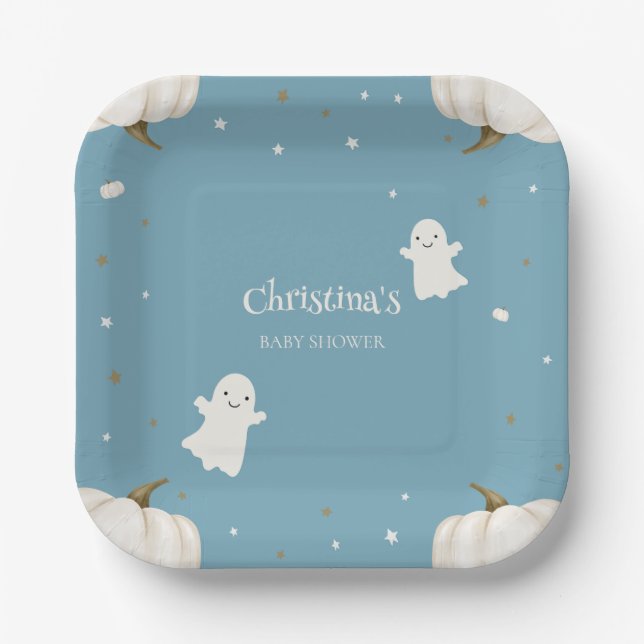 Pastel Blue Halloween Baby Shower Paper Plate (Front)