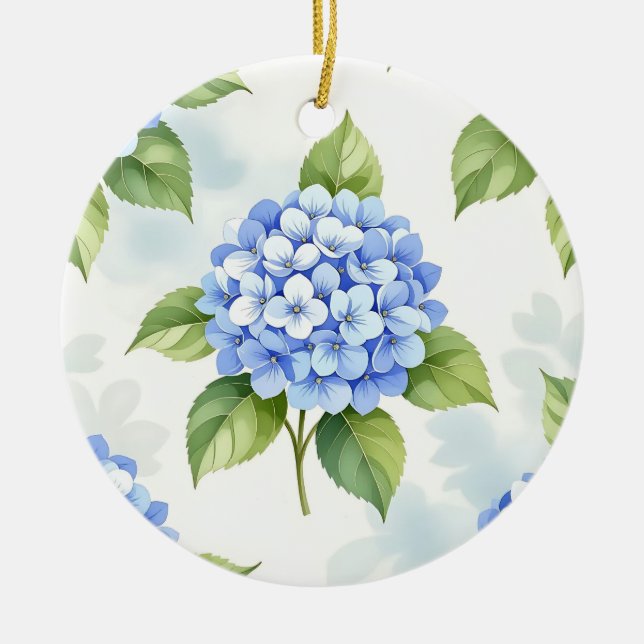 Pastel Blue Hydrangea Bouquet Pattern Ceramic Tree Decoration (Front)