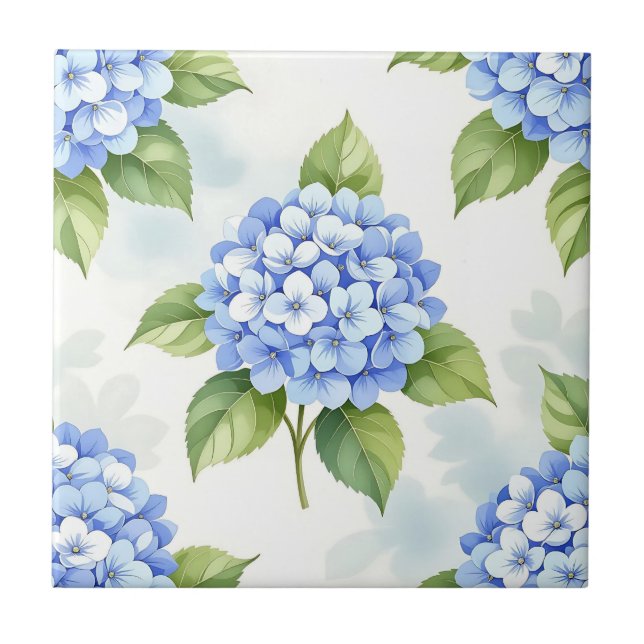 Pastel Blue Hydrangea Bouquet Pattern Tile (Front)