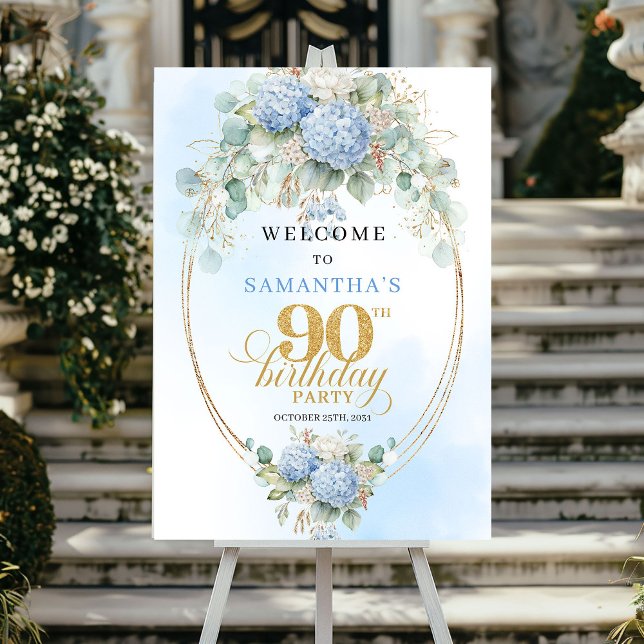 Pastel Blue Hydrangeas Gold 90th birthday welcome Poster (Pastel Blue Hydrangeas Gold 90th birthday welcome)