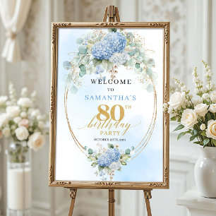 Pastel Blue Hydrangeas Gold Accent 80th birthday  Poster
