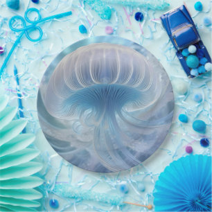 Pastel Blue Jellyfish Fractal Art Under The Sea, Paper Plate