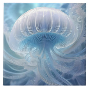 Pastel Blue Jellyfish Fractal Art Under The Sea, Tile