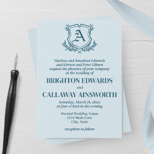 Pastel Blue Leaf and Floral Monogram Wedding Invitation