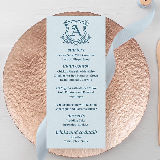 Pastel Blue Leaf and FLoral Monogram Wedding Menu (Creator Uploaded)