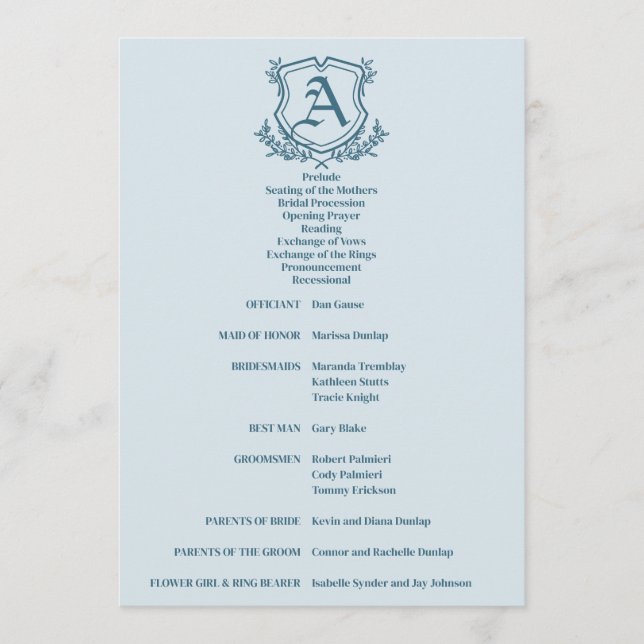 Pastel Blue Leaf and Floral Monogram Wedding Programme (Front)