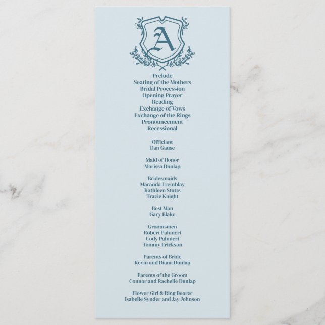 Pastel Blue Leaf and Floral Monogram Wedding Programme (Front)