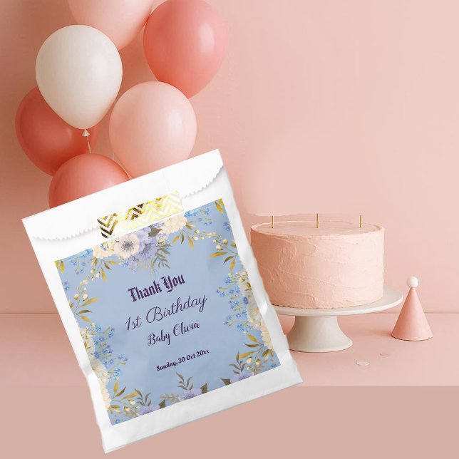 Pastel Blue Little Flower Bud Floral 1st Birthday  Favour Bags (Pastel Blue Little Flower Bud Floral 1st Birthday Favor Bag)