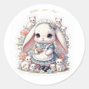 Pastel Blue Maid Bunny - with Cute Kittens Kawaii Classic Round Sticker