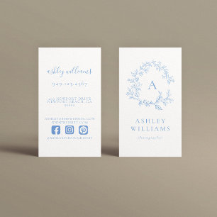 Pastel Blue Monogram Professional Floral Crest Business Card