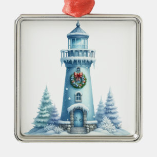 PASTEL BLUE NAUTICAL CHRISTMAS LIGHTHOUSE METAL TREE DECORATION
