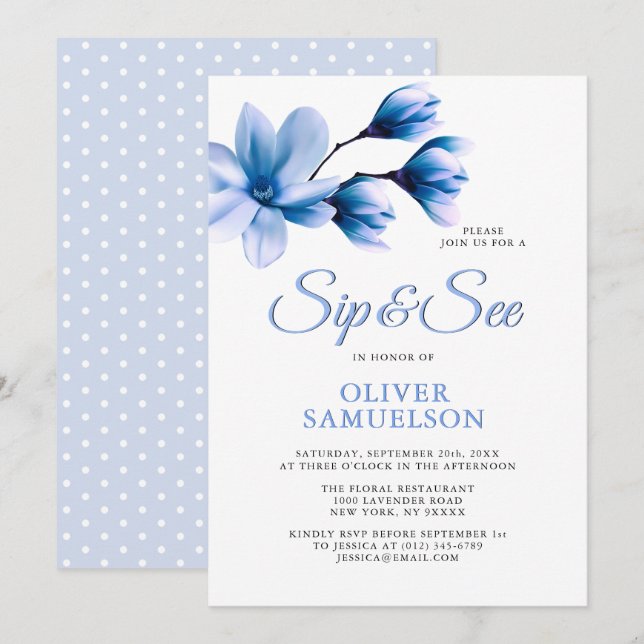 Pastel Blue Navy Magnolia SIP & SEE Shower Invitation (Front/Back)