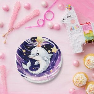 Pastel Blue Ocean Dolphin Birthday Paper Plate