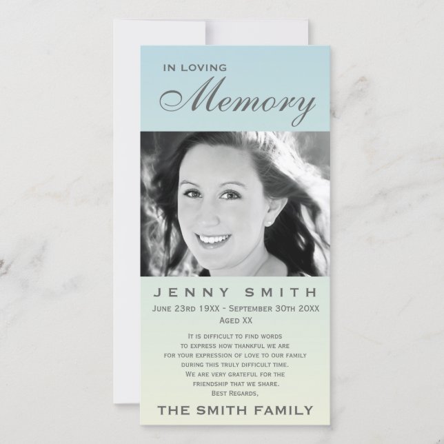 Pastel Blue Ombré Memorial Family Acknowledgement Thank You Card (Front)