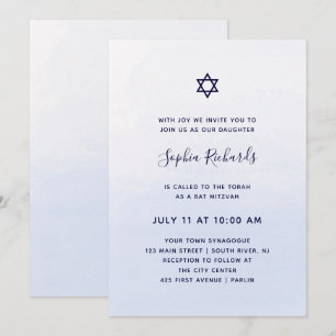 Pastel Blue Ombre Watercolor   Bat Mitzvah Invitation