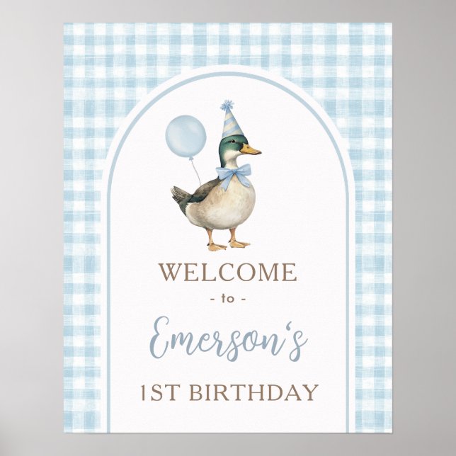 Pastel Blue One Lucky Duck 1st Birthday Welcome Poster (Front)