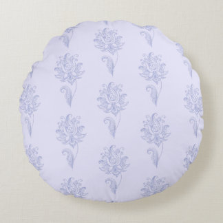 Pastel Blue Outlined Floral Design Round Pillow