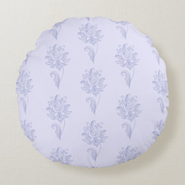 Pastel Blue Outlined Floral Design Round Pillow (Front)