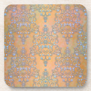 Pastel Blue over Gold Aurora Lace Damask Coaster