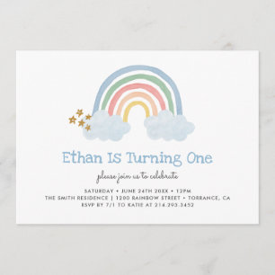 Pastel Blue Pastel Rainbow 1st Birthday Invitation