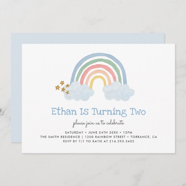 Pastel Blue Pastel Rainbow 2nd Birthday Invitation (Front/Back)