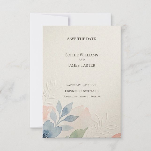Pastel Blue Peach Botanical Save the Date Card (Front)