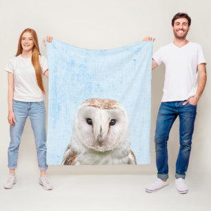 Pastel Blue Peekaboo Barn Owl Minimalist Nursery Fleece Blanket