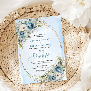 Pastel Blue Peonies Greenery Gold Wedding Invite