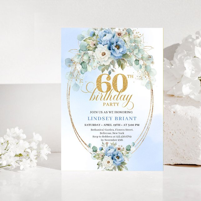 Pastel Blue Peony Gold 60th Birthday Invitation (Pastel Blue Peony 60th Birthday Invitation)