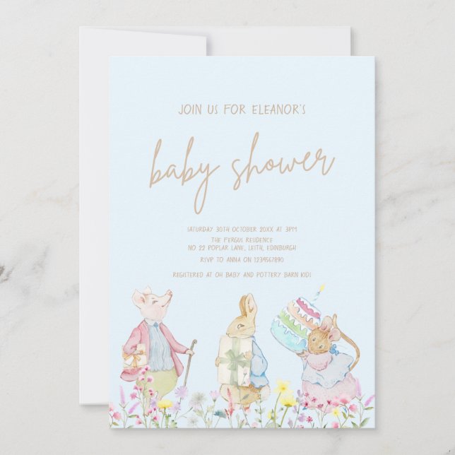 Pastel Blue Peter the Rabbit Friends Baby Shower Invitation (Front)