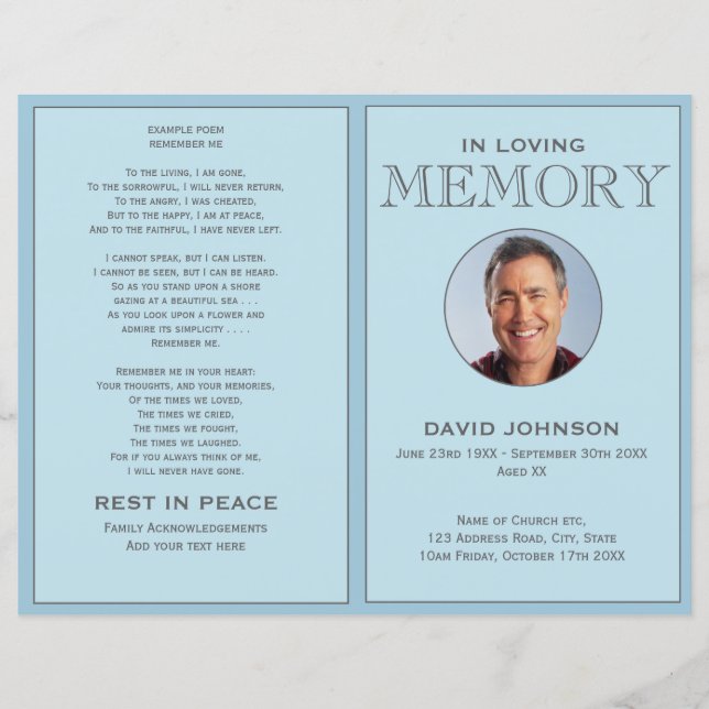 Pastel Blue Photo Order of Service Funeral Program (Front)