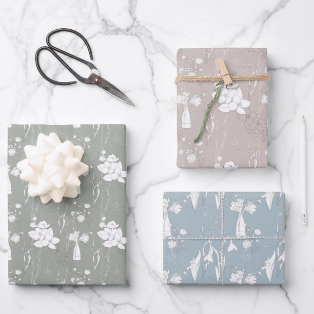 Pastel Blue Pink and Grey Vase of Flowers Wrapping Paper Sheet (Front)