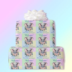 Pastel Blue Pink Baby Shower Add Name Elephant Wrapping Paper