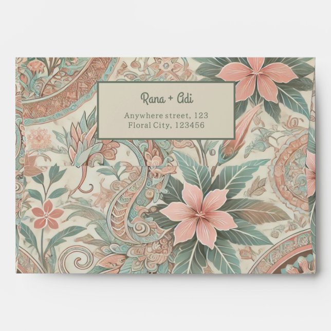 Pastel Blue Pink Batik Floral Return Address Envelope (Back (Top Flap))