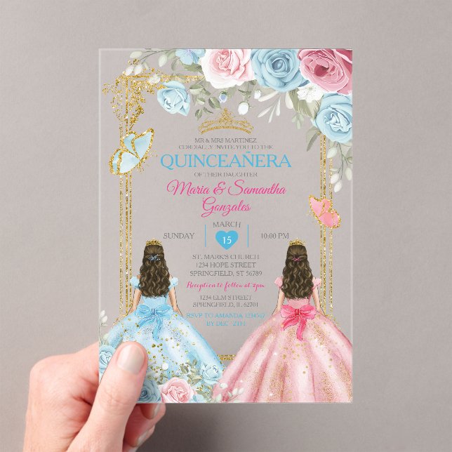 Pastel Blue Pink Butterfly Floral Gold Quinceañera Acrylic Invitations (Insitu (Handheld))