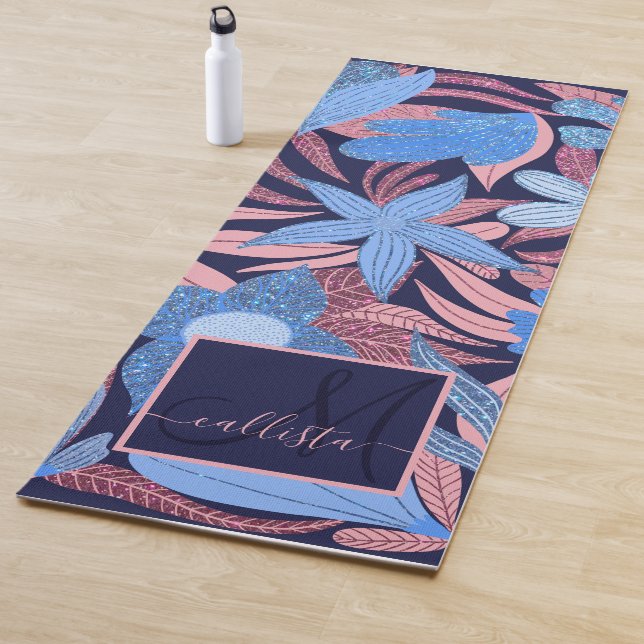 Pastel Blue Pink Floral Leaves Glitter Monogram Yoga Mat (In Situ)