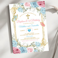 Pastel Blue Pink Gold Baptism & 1st Birthday