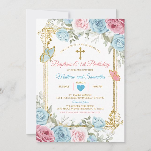 Pastel Blue Pink Gold Baptism & 1st Birthday Invitation (Front)