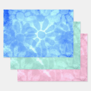 Pastel Blue Pink Green Tie-Dye Flowers Decoupage Wrapping Paper Sheet