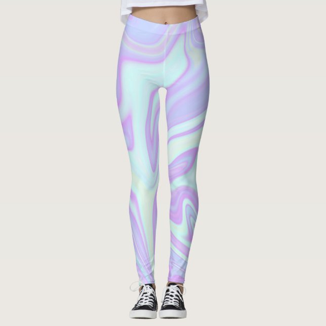 Pastel Blue Pink Liquid Marble Swirl Leggings (Front)