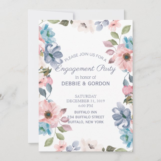 Pastel Blue Pink Purple Flower Wedding Engagement Invitation (Front)